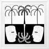 Graphic monochrome design featuring two opposing white face masks with a central fern and trio of palm trees, reflecting symmetry and contrast, from the Shatha collection with Urban Road.