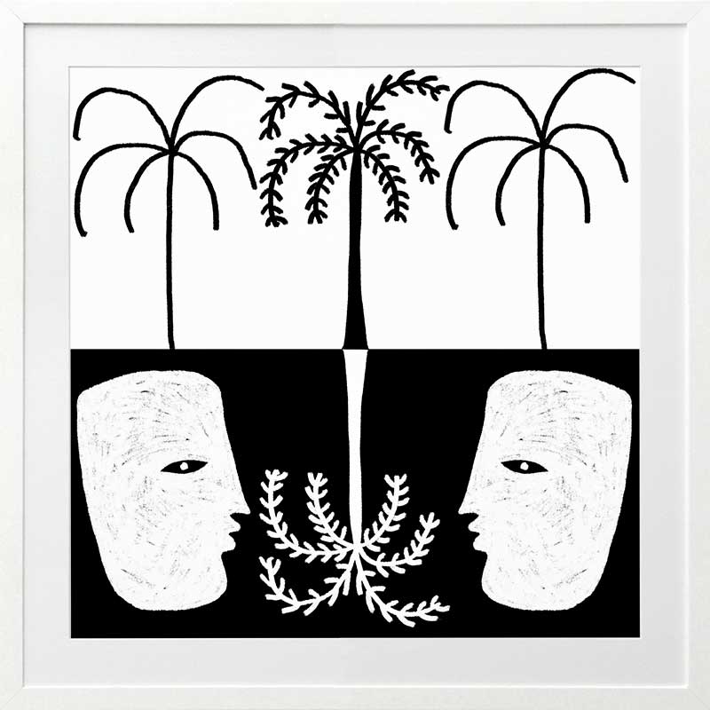 Graphic monochrome design featuring two opposing white face masks with a central fern and trio of palm trees, reflecting symmetry and contrast, from the Shatha collection with Urban Road.
