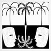 Graphic monochrome design featuring two opposing white face masks with a central fern and trio of palm trees, reflecting symmetry and contrast, from the Shatha collection with Urban Road.