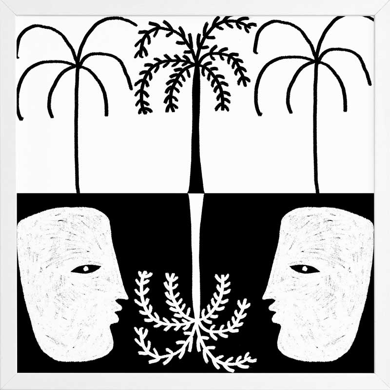 Graphic monochrome design featuring two opposing white face masks with a central fern and trio of palm trees, reflecting symmetry and contrast, from the Shatha collection with Urban Road.