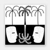 Graphic monochrome design featuring two opposing white face masks with a central fern and trio of palm trees, reflecting symmetry and contrast, from the Shatha collection with Urban Road.