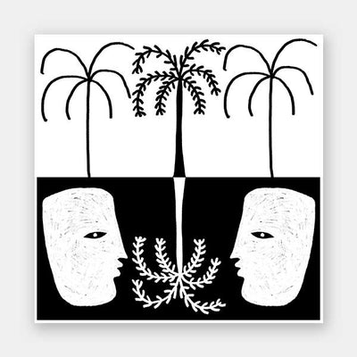 Graphic monochrome design featuring two opposing white face masks with a central fern and trio of palm trees, reflecting symmetry and contrast, from the Shatha collection with Urban Road.