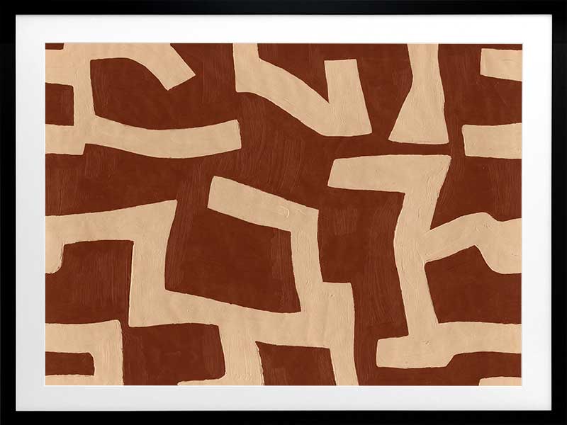Abstract wall art from the Tim Neve collection by Urban Road, featuring bold terracotta shapes layered over a soft beige background with curved organic lines.