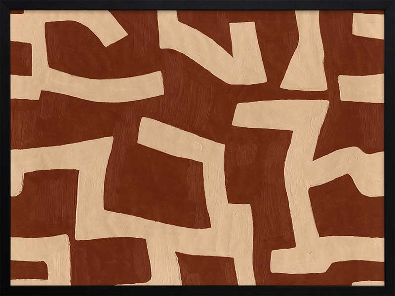 Abstract wall art from the Tim Neve collection by Urban Road, featuring bold terracotta shapes layered over a soft beige background with curved organic lines.