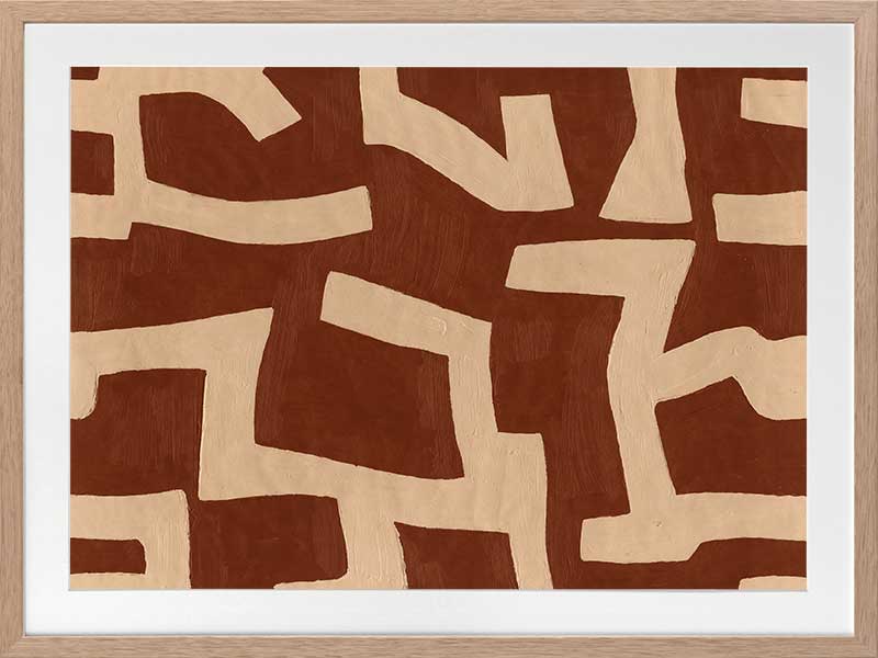 Abstract wall art from the Tim Neve collection by Urban Road, featuring bold terracotta shapes layered over a soft beige background with curved organic lines.
