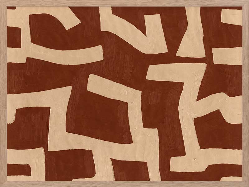 Abstract wall art from the Tim Neve collection by Urban Road, featuring bold terracotta shapes layered over a soft beige background with curved organic lines.