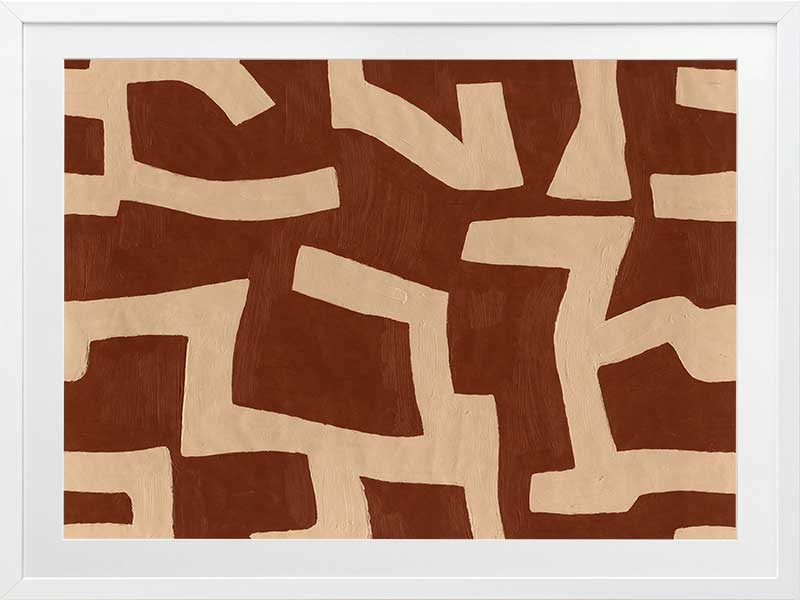 Abstract wall art from the Tim Neve collection by Urban Road, featuring bold terracotta shapes layered over a soft beige background with curved organic lines.