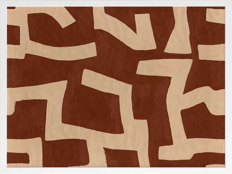 Abstract wall art from the Tim Neve collection by Urban Road, featuring bold terracotta shapes layered over a soft beige background with curved organic lines.