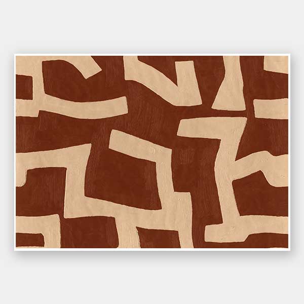 Abstract wall art from the Tim Neve collection by Urban Road, featuring bold terracotta shapes layered over a soft beige background with curved organic lines.
