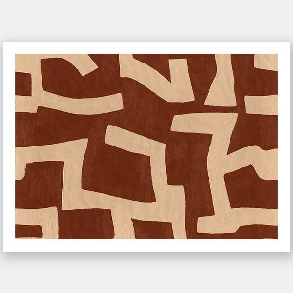 Abstract wall art from the Tim Neve collection by Urban Road, featuring bold terracotta shapes layered over a soft beige background with curved organic lines.