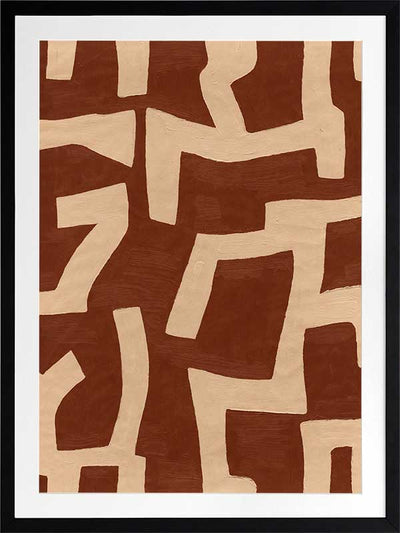 Abstract wall art from the Tim Neve collection by Urban Road, featuring bold terracotta shapes layered over a soft beige background with curved organic lines.