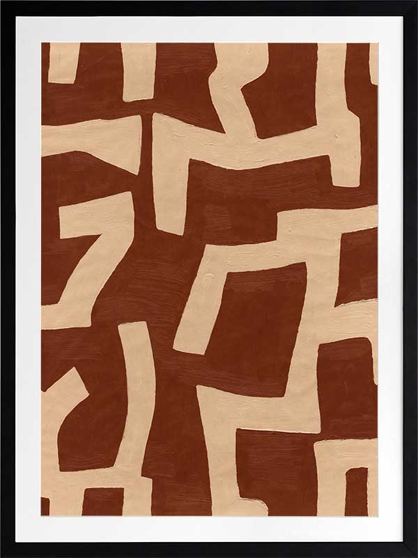 Abstract wall art from the Tim Neve collection by Urban Road, featuring bold terracotta shapes layered over a soft beige background with curved organic lines.