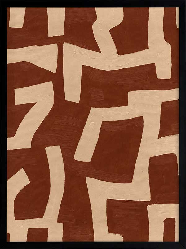 Abstract wall art from the Tim Neve collection by Urban Road, featuring bold terracotta shapes layered over a soft beige background with curved organic lines.