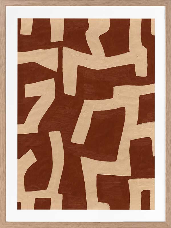 Abstract wall art from the Tim Neve collection by Urban Road, featuring bold terracotta shapes layered over a soft beige background with curved organic lines.
