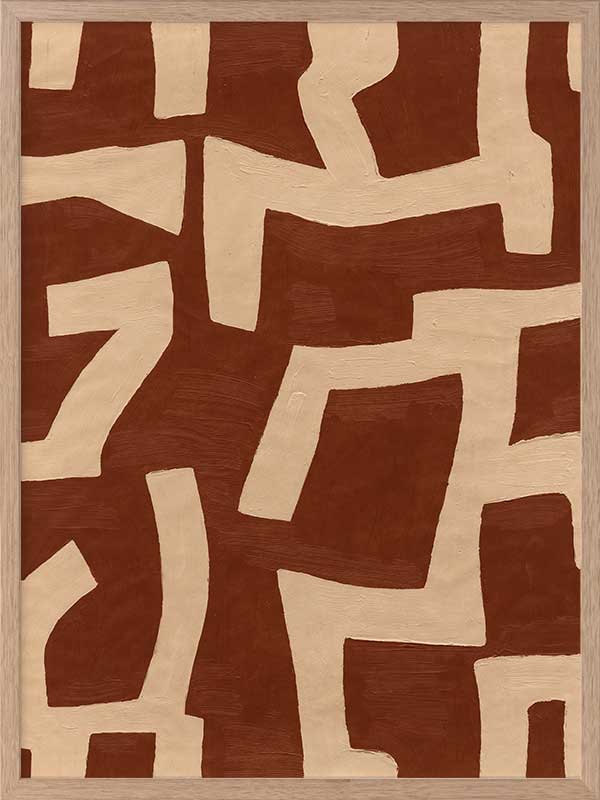 Abstract wall art from the Tim Neve collection by Urban Road, featuring bold terracotta shapes layered over a soft beige background with curved organic lines.