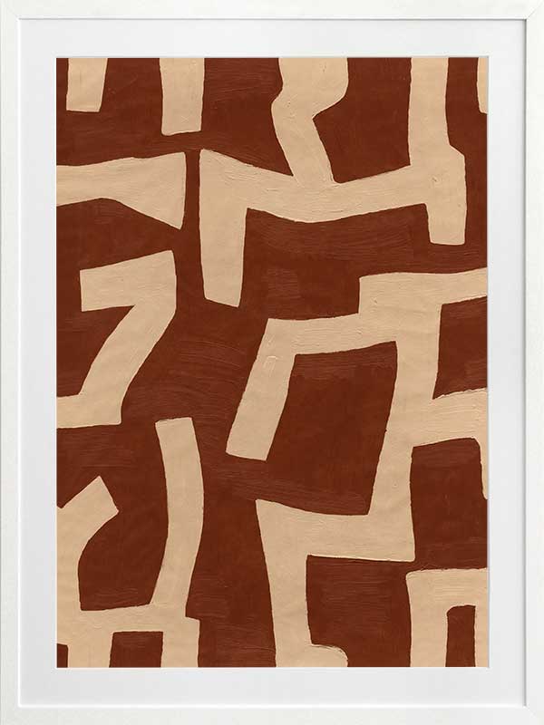 Abstract wall art from the Tim Neve collection by Urban Road, featuring bold terracotta shapes layered over a soft beige background with curved organic lines.