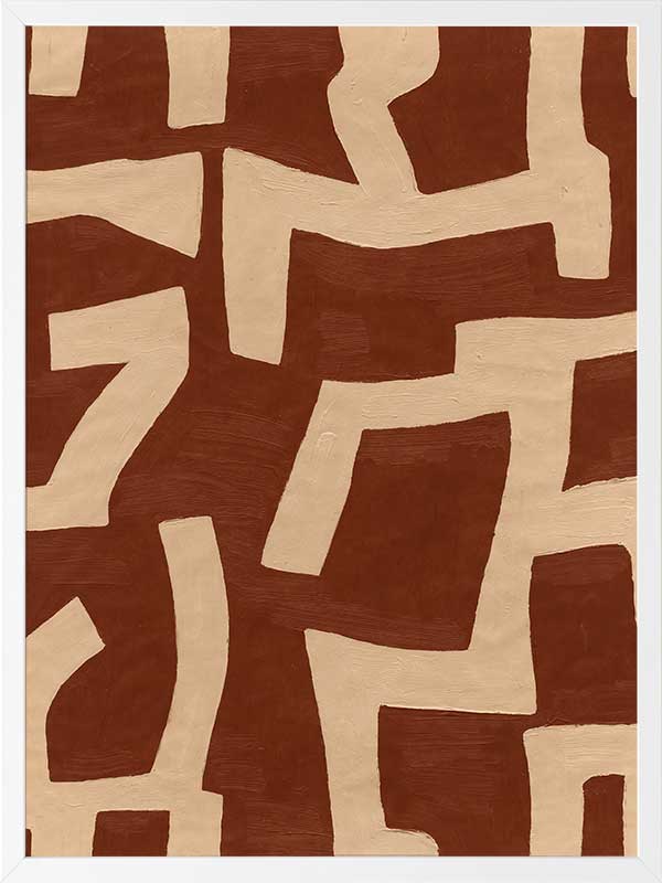 Abstract wall art from the Tim Neve collection by Urban Road, featuring bold terracotta shapes layered over a soft beige background with curved organic lines.