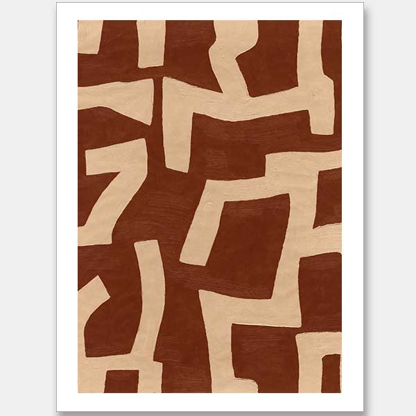 Abstract wall art from the Tim Neve collection by Urban Road, featuring bold terracotta shapes layered over a soft beige background with curved organic lines.