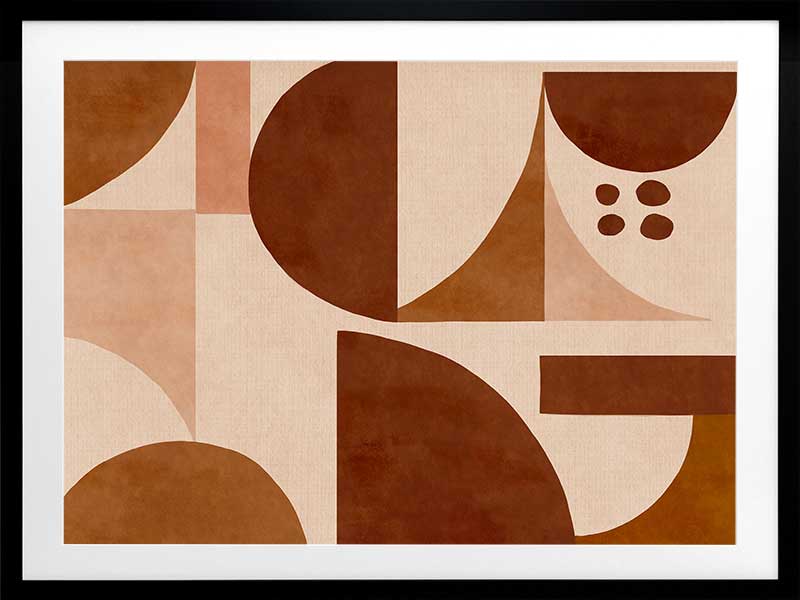 Geometric wall art from the Tim Neve collection by Urban Road, featuring warm terracotta arcs and beige curved forms.