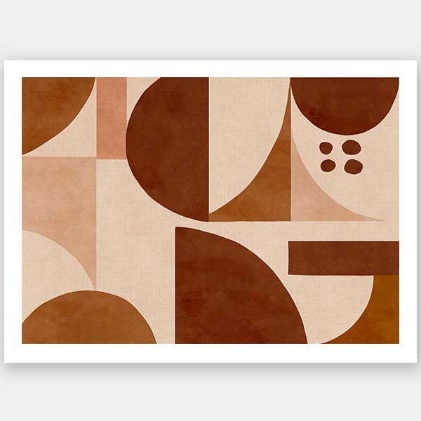 Geometric wall art from the Tim Neve collection by Urban Road, featuring warm terracotta arcs and beige curved forms.