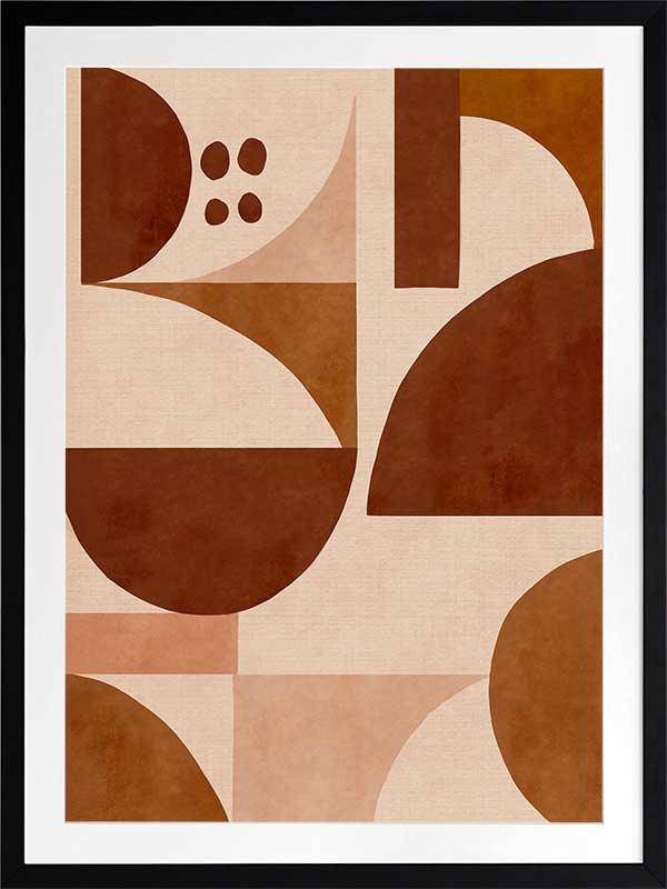Geometric wall art from the Tim Neve collection by Urban Road, featuring warm terracotta arcs and beige curved forms.