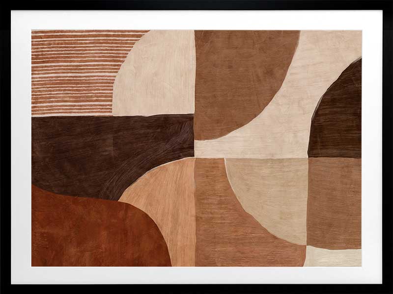 Abstract wall art from the Tim Neve collection by Urban Road, with bold brown forms, layered textures, and neutral shapes.
