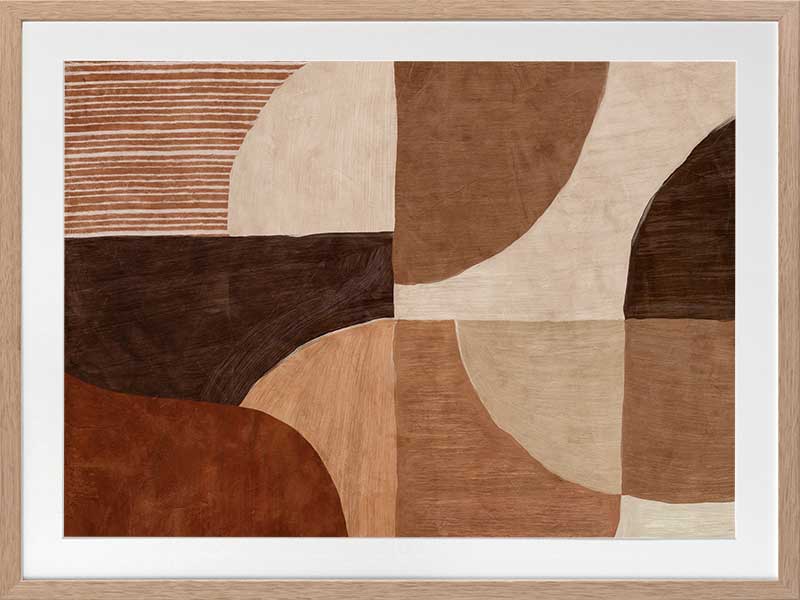 Abstract wall art from the Tim Neve collection by Urban Road, with bold brown forms, layered textures, and neutral shapes.