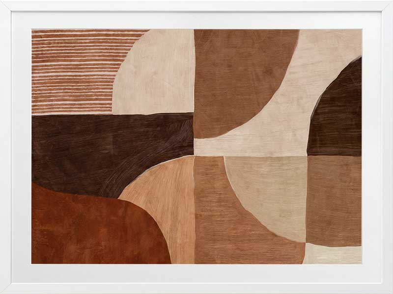 Abstract wall art from the Tim Neve collection by Urban Road, with bold brown forms, layered textures, and neutral shapes.