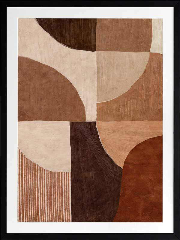 Abstract wall art from the Tim Neve collection by Urban Road, with bold brown forms, layered textures, and neutral shapes.