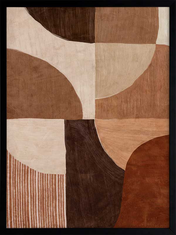 Abstract wall art from the Tim Neve collection by Urban Road, with bold brown forms, layered textures, and neutral shapes.