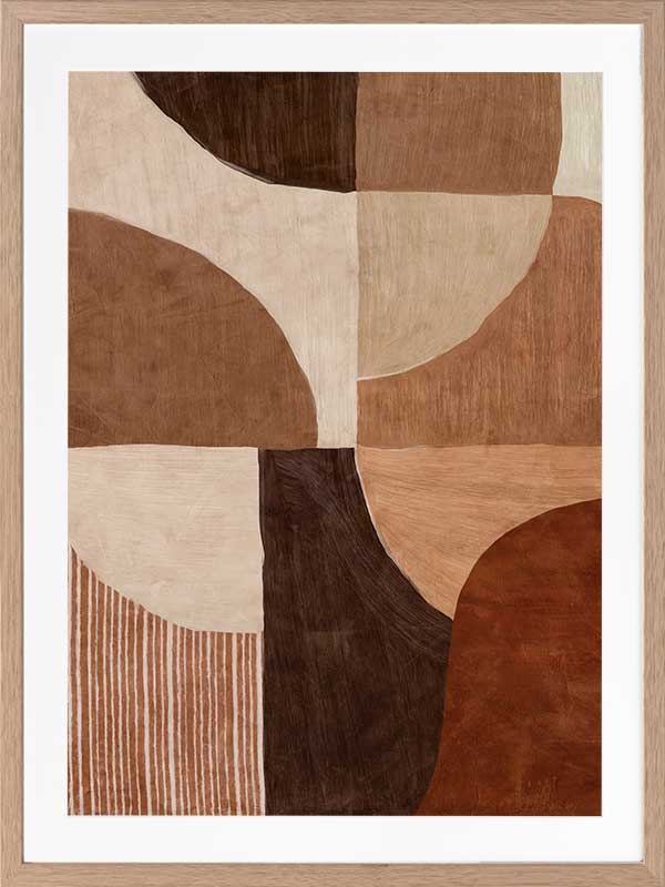 Abstract wall art from the Tim Neve collection by Urban Road, with bold brown forms, layered textures, and neutral shapes.