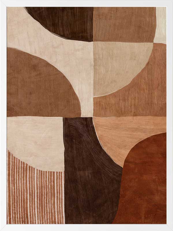Abstract wall art from the Tim Neve collection by Urban Road, with bold brown forms, layered textures, and neutral shapes.