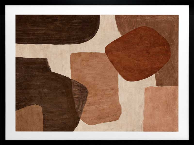 Abstract wall art from the Tim Neve collection by Urban Road, with bold rounded shapes in deep rust, brown, and cream on a neutral backdrop.