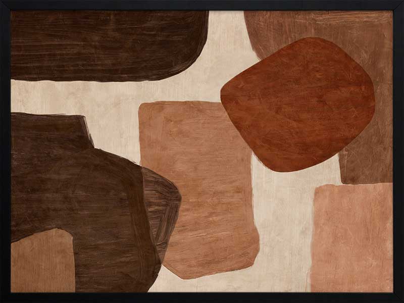 Abstract wall art from the Tim Neve collection by Urban Road, with bold rounded shapes in deep rust, brown, and cream on a neutral backdrop.