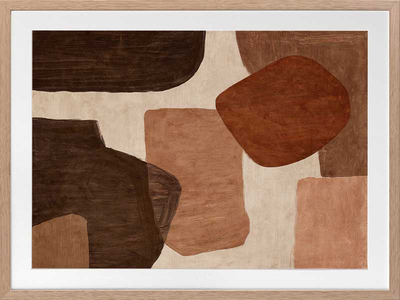 Abstract wall art from the Tim Neve collection by Urban Road, with bold rounded shapes in deep rust, brown, and cream on a neutral backdrop.
