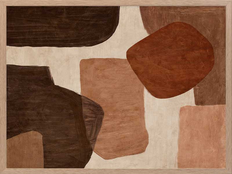 Abstract wall art from the Tim Neve collection by Urban Road, with bold rounded shapes in deep rust, brown, and cream on a neutral backdrop.