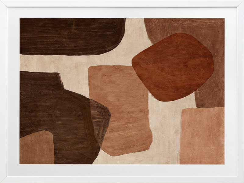 Abstract wall art from the Tim Neve collection by Urban Road, with bold rounded shapes in deep rust, brown, and cream on a neutral backdrop.