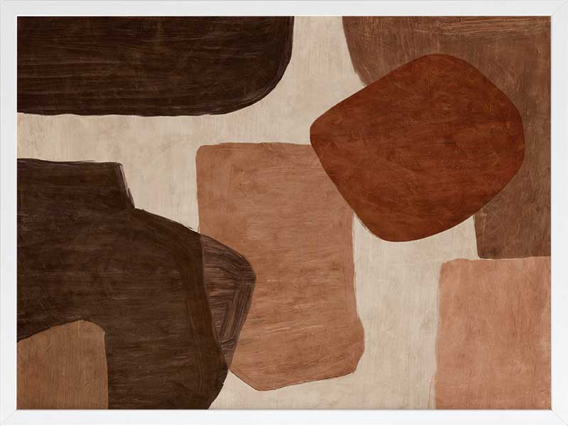 Abstract wall art from the Tim Neve collection by Urban Road, with bold rounded shapes in deep rust, brown, and cream on a neutral backdrop.