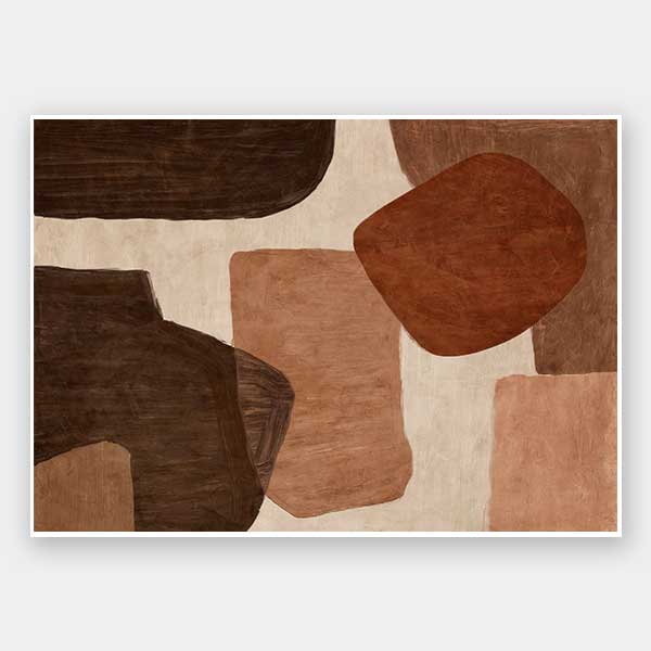 Abstract wall art from the Tim Neve collection by Urban Road, with bold rounded shapes in deep rust, brown, and cream on a neutral backdrop.