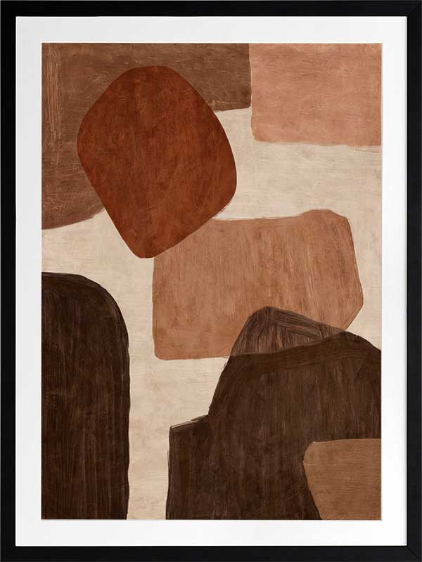 Abstract wall art from the Tim Neve collection by Urban Road, with bold rounded shapes in deep rust, brown, and cream on a neutral backdrop.