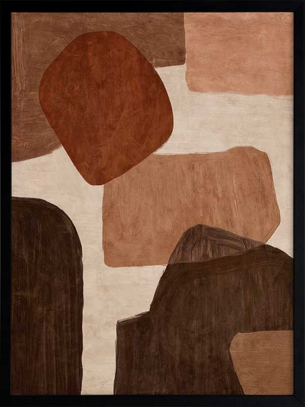 Abstract wall art from the Tim Neve collection by Urban Road, with bold rounded shapes in deep rust, brown, and cream on a neutral backdrop.