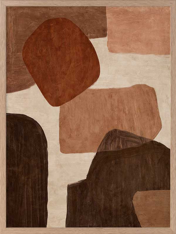 Abstract wall art from the Tim Neve collection by Urban Road, with bold rounded shapes in deep rust, brown, and cream on a neutral backdrop.