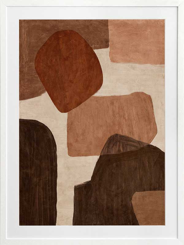 Abstract wall art from the Tim Neve collection by Urban Road, with bold rounded shapes in deep rust, brown, and cream on a neutral backdrop.