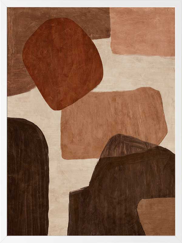 Abstract wall art from the Tim Neve collection by Urban Road, with bold rounded shapes in deep rust, brown, and cream on a neutral backdrop.