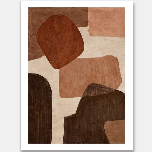 Abstract wall art from the Tim Neve collection by Urban Road, with bold rounded shapes in deep rust, brown, and cream on a neutral backdrop.