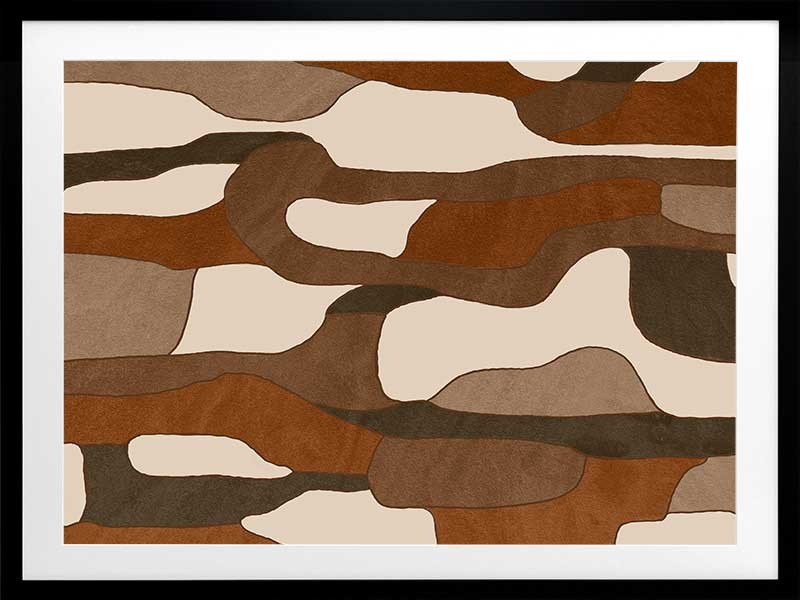 Wall art from the Tim Neve collection by Urban Road, with light tan shapes and bold black lines in an abstract design.