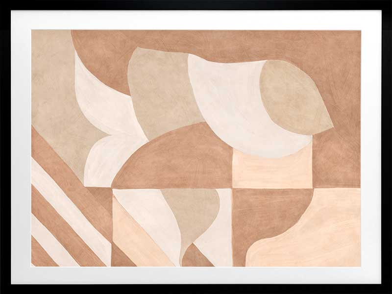 Wall art from the Tim Neve collection by Urban Road, showcasing bold black arcs layered over warm brown and cream patterns.