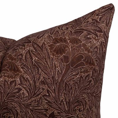 Brown linen cushion featuring a detailed tulip and scrolling botanical pattern in a William Morris inspired design from the AW 2026 Cushion Collection.