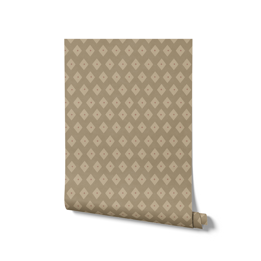 Tiny diamond picnic motifs in a soft repeating grid on warm light brown, from the Little Tails Collection by Urban Road.