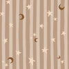Vertical pinstripes sprinkled with crescent moons and tiny stars on light brown, from the Little Tails Collection by Urban Road.